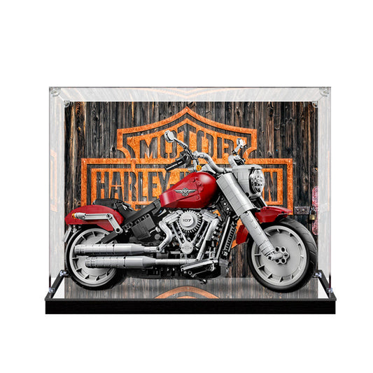Acrylic Display Case for LEGO 10269 Harley-Davidson Fat Boy, with Themed Printed Background & Dustproof Box