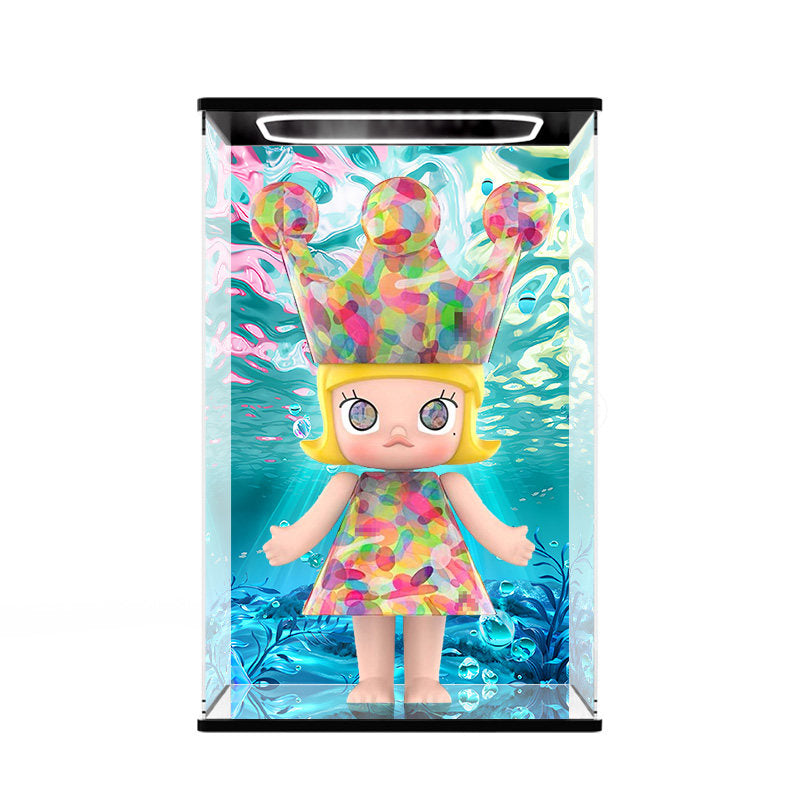 Pop Mart Hirono Weather You Series Mirror Acrylic Display Case with Ring Light & UV-Printed Background - Dustproof Showcase