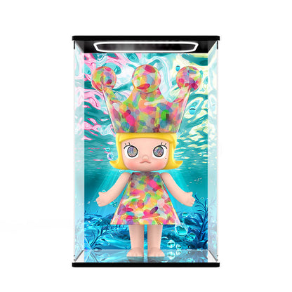 Pop Mart Hirono Weather You Series Mirror Acrylic Display Case with Ring Light & UV-Printed Background - Dustproof Showcase