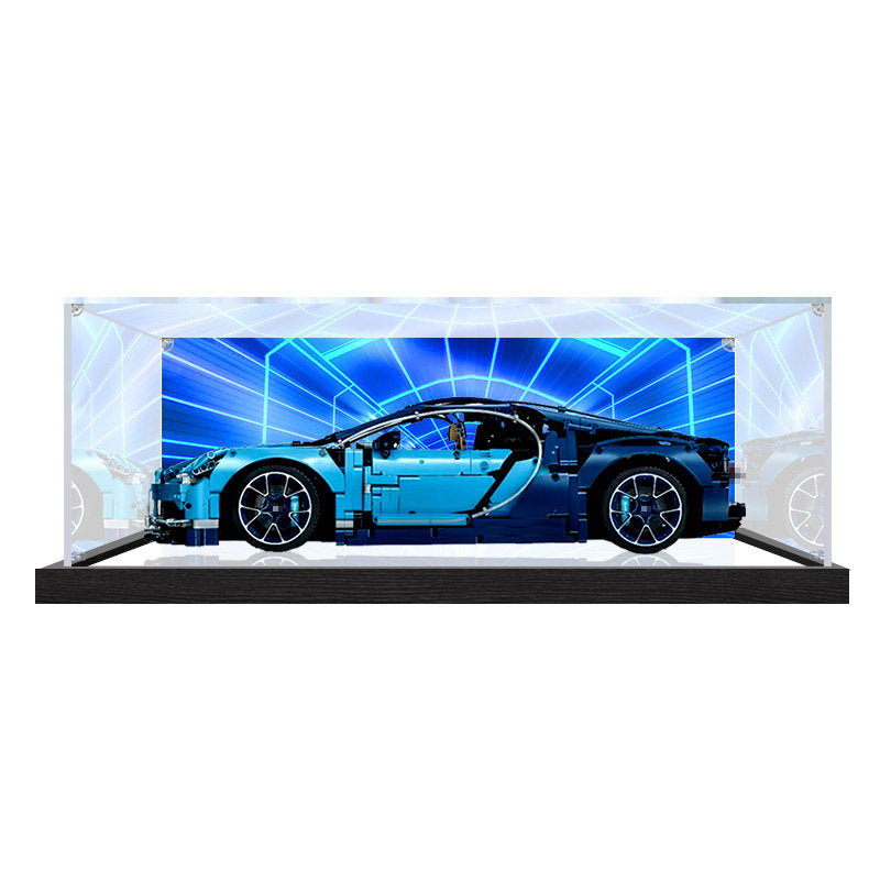 Professional Acrylic Display Case for LEGO 42083 Bugatti Chiron, with Themed UV Printing Background & Dustproof Box