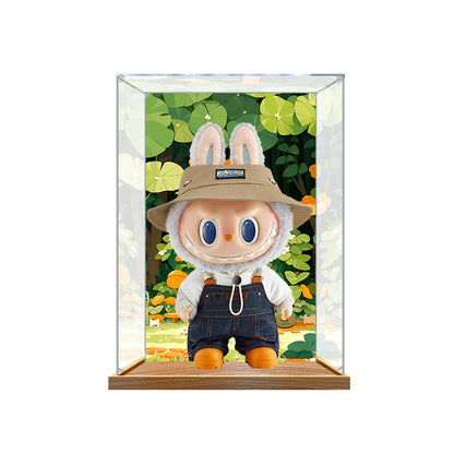 Suitable for Pop Mart Labubu Forest Display Case – Showcase with UV-Printed Background & Wooden-Texture Base