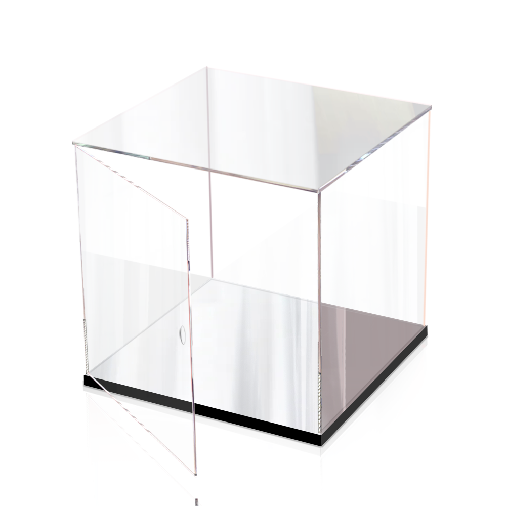 Vitrina de acrílico iluminada con LED y puerta corredera - Exhibidor transparente apilable para coleccionables, figuras de acción, maquetas - Luz anular blanca y base de madera plástica negra