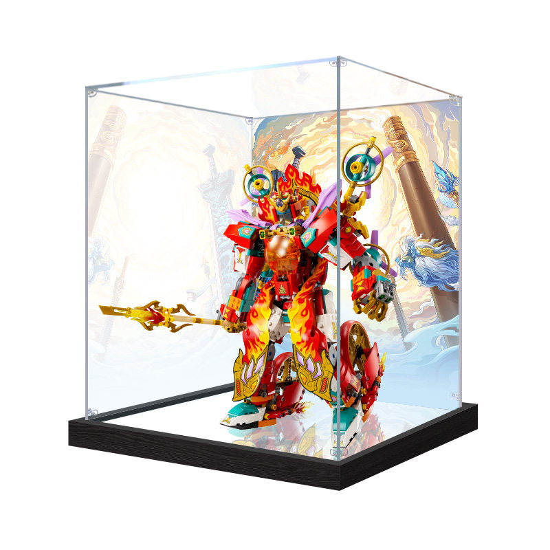 Acrylic Display Case for LEGO 80057 Nezha's Ring of Fire Mech, with Themed Printed Background & Dustproof Box