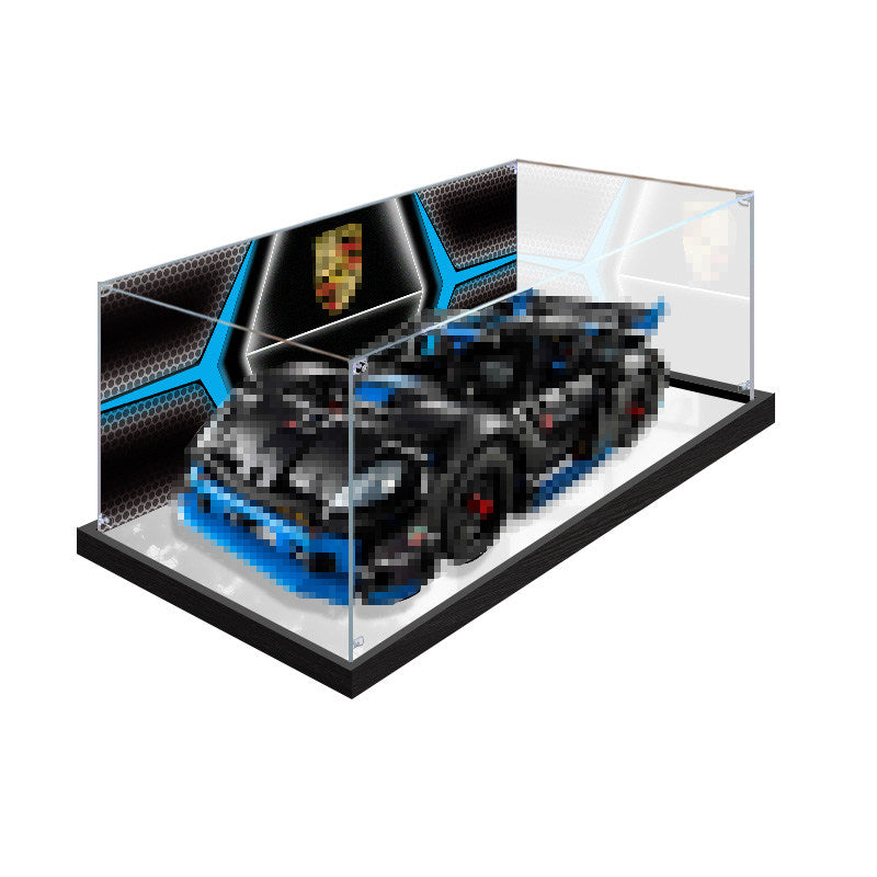 Acrylic Display Case for LEGO 42176 Porsche GT4 e-Performance, with Themed Printed Background & Dustproof Box