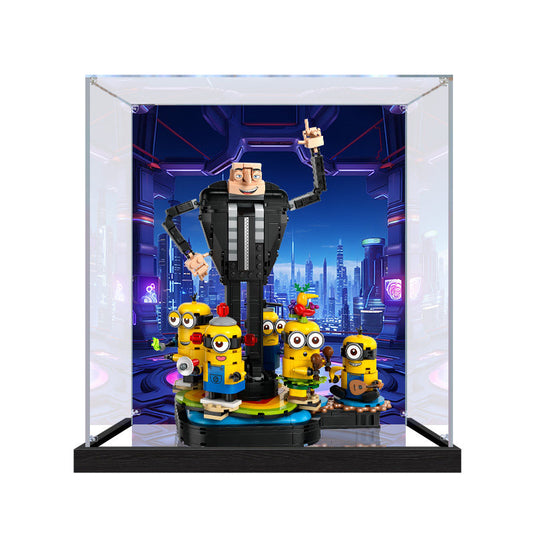 Acrylic Display Case for LEGO 75582 Brick-Built Gru and Minions, with Themed Printed Background & Dustproof Box