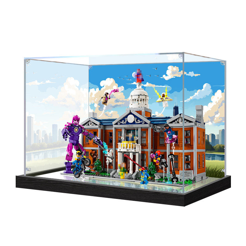 Acrylic Display Case for LEGO 76294 X-Men: The X-Mansion, with Themed Printed Background & Dustproof Box