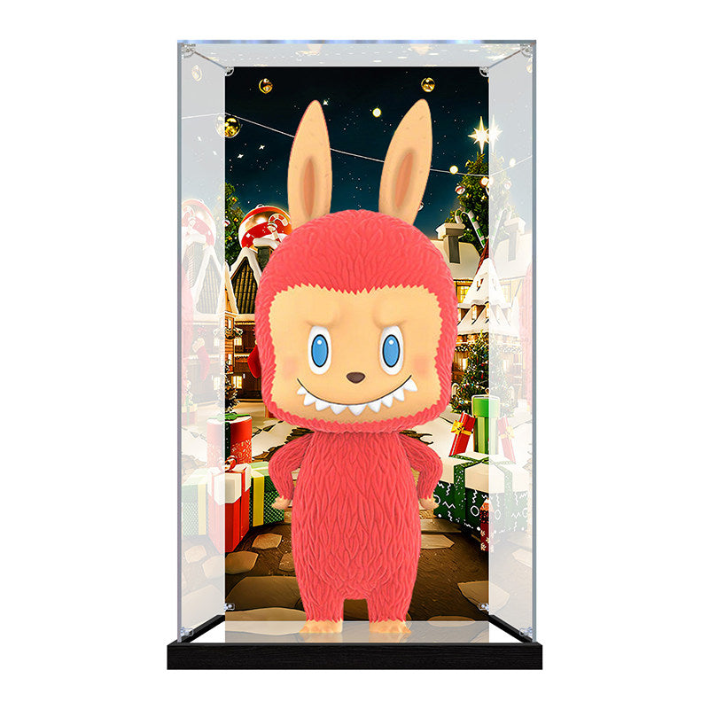 Suitable for Pop Mart Labubu Holiday Display Case – Showcase with UV-Printed Background & Mirror Base