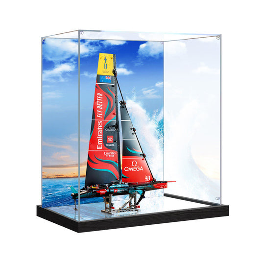 Professional Acrylic Display Case for LEGO 42174 Emirates Team New Zealand AC75 Yacht, with Themed UV Printing Background & Dustproof Box