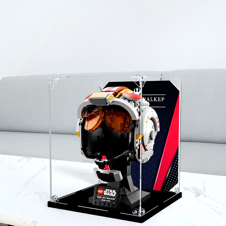 Acrylic Display Case for LEGO 75327 Luke Skywalker (Red Five) Helmet, with Themed Printed Background & Dustproof Box