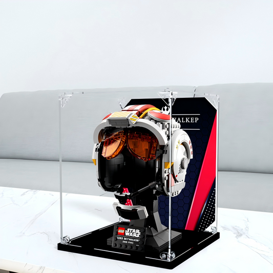 Acrylic Display Case for LEGO 75327 Luke Skywalker (Red Five) Helmet, with Themed Printed Background & Dustproof Box