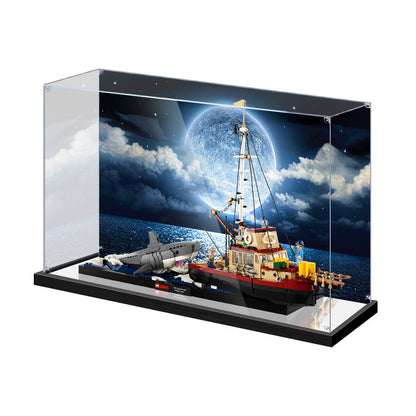 Acrylic Display Case for LEGO 21350 Jaws, with Themed Printed Background & Dustproof Box