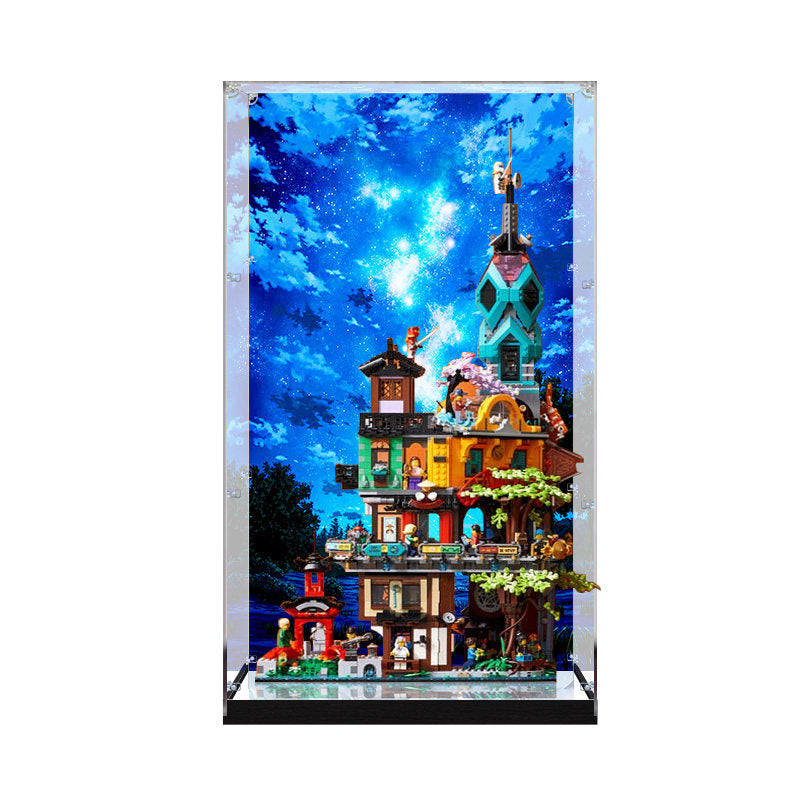 Acrylic Display Case for LEGO 71741 NINJAGO City Gardens, with Themed Printed Background & Dustproof Box