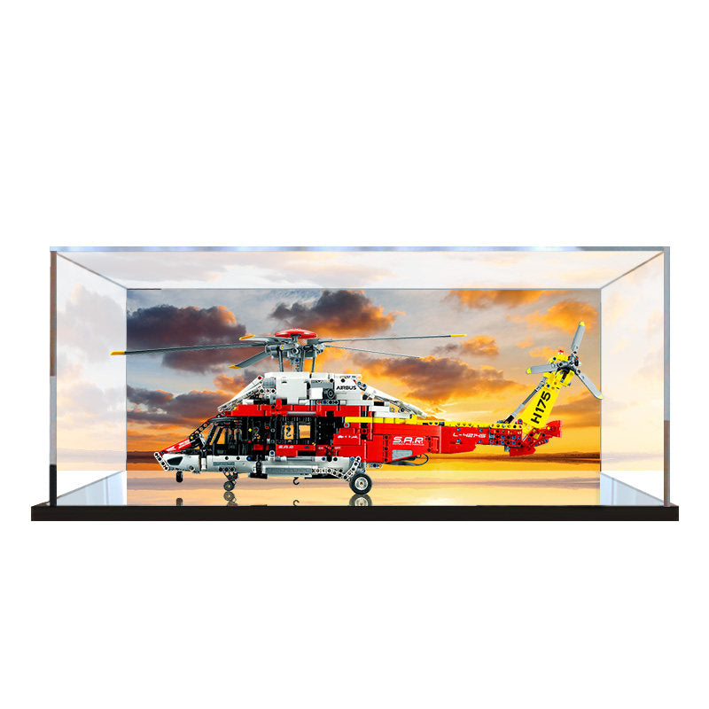 Acrylic Display Case for LEGO 42145 Airbus H175 Rescue Helicopter, with Themed Printed Background & Dustproof Box