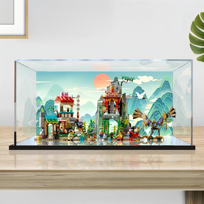 Acrylic Display Case for LEGO 80044 Monkie Kid's Team Hideout, with Themed Printed Background & Dustproof Box