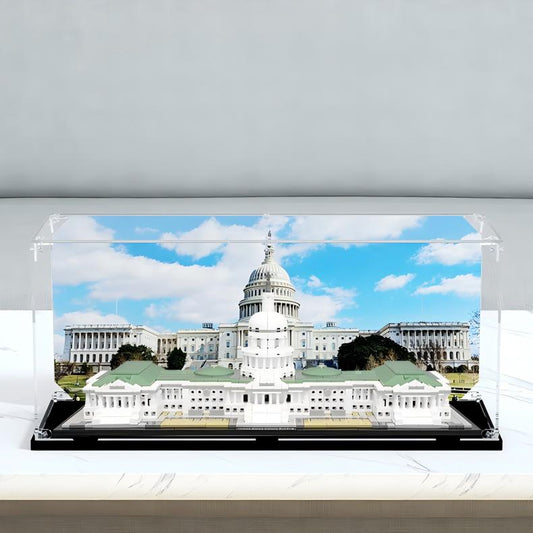 Acrylic Display Case for LEGO 21030 United States Capitol Building, with Themed Printed Background & Dustproof Box