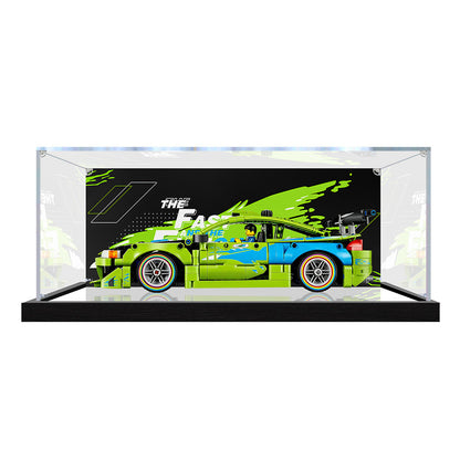 Acrylic Display Case for LEGO 42229 Technic Fast and Furious Mitsubishi Eclipse Car Model, with Themed Printed Background & Dustproof Box