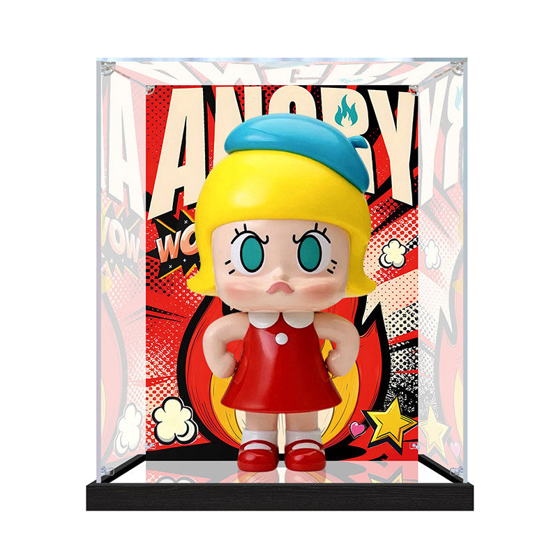 Suitable for Pop Mart Angry Molly Display Case – Showcase with UV-Printed Background & Mirror Base