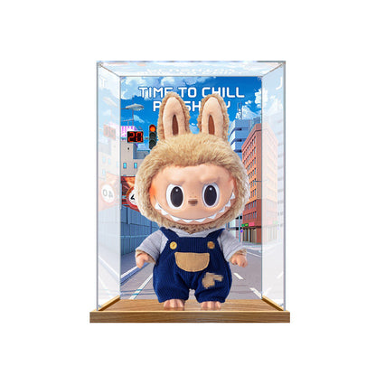 Suitable for Pop Mart Labubu Time to Chill Display Case – 25x20x40cm Showcase with UV-Printed Background & Mirror Base