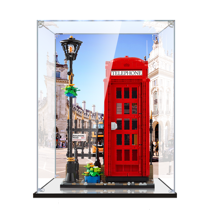 Acrylic Display Case for LEGO 21347 Red London Telephone Box, with Themed Printed Background & Dustproof Box