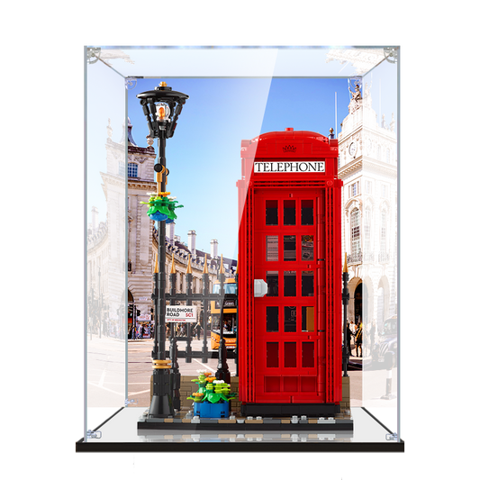 Acrylic Display Case for LEGO 21347 Red London Telephone Box, with Themed Printed Background & Dustproof Box