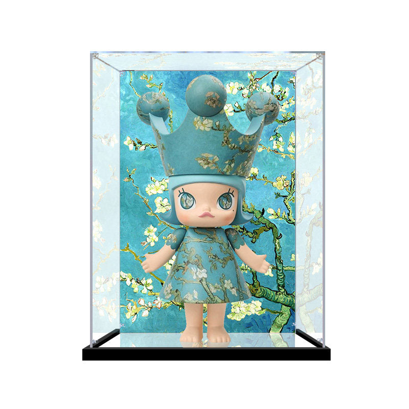Suitable for Pop Mart Molly Van Gogh Museum Almond Blossom  Display Case –  Showcase with UV-Printed Background & Mirror Base