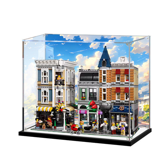 Acrylic Display Case for LEGO 10255 Assembly Square, with Themed Printed Background & Dustproof Box