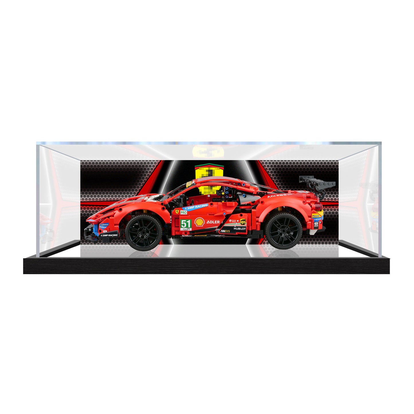 Professional Acrylic Display Case for LEGO 42125 Ferrari 488 GTE “AF Corse #51”, with Themed UV Printing Background & Dustproof Box
