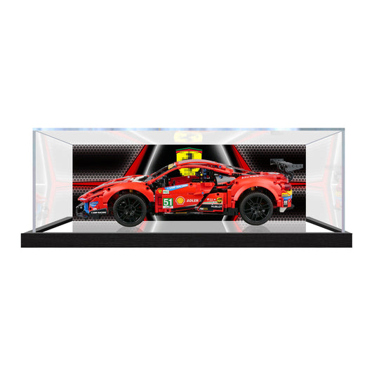 Professional Acrylic Display Case for LEGO 42125 Ferrari 488 GTE “AF Corse #51”, with Themed UV Printing Background & Dustproof Box