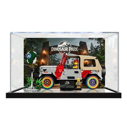 Acrylic Display Case for LEGO 77984 Jurassic Park Jeep Wrangler Model, with Themed Printed Background & Dustproof Box