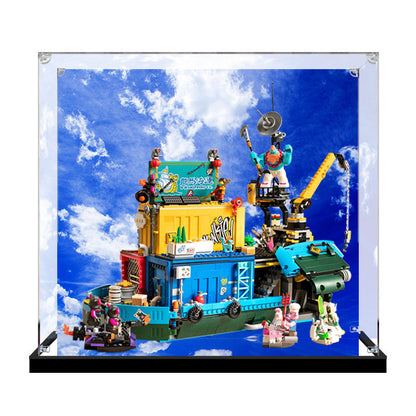 Acrylic Display Case for LEGO 80013 Monkie Kid's Team Secret HQ, with Themed Printed Background & Dustproof Box