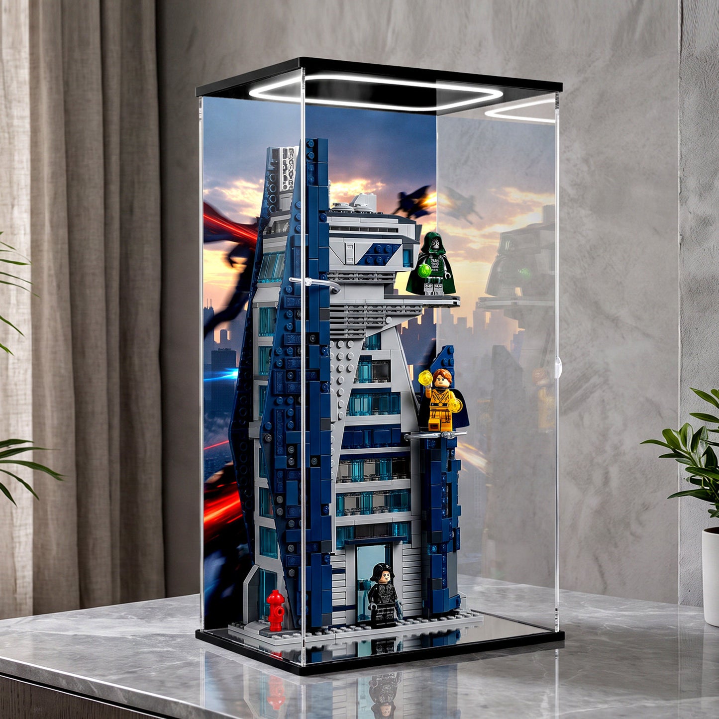LEGO 76352 Avengers Tower Mirror Display Case with Ring Light and Themed Background