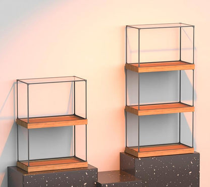 Alloy transparent acrylic display case, 2cm high wood-grain base and black aluminum alloy frame (custom sizes supported)
