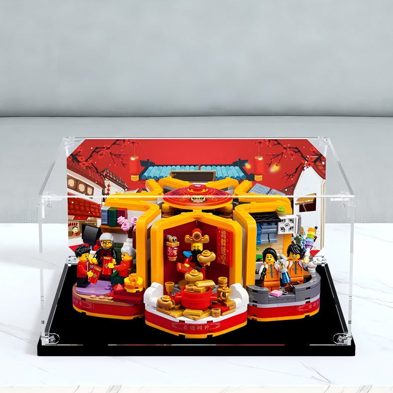 Acrylic Display Case for LEGO 80108 Lunar New Year Traditions, with Themed Printed Background & Dustproof Box