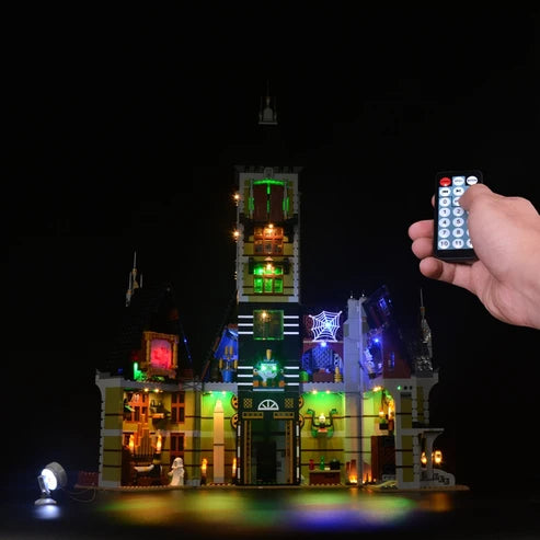 LEGO 10273 Haunted House Mirror Acrylic Display Case with Ring Light & UV-Printed Background - Dustproof Showcase