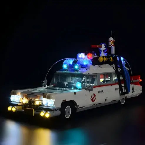 LEGO 10274 Ghostbusters ECTO-1 Mirror Acrylic Display Case with Ring Light & UV-Printed Background - Dustproof Showcase