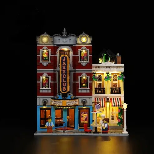 LEGO 10312 Jazz Club Spiegel Vitrine mit Ringlicht & UV-bedrucktem Hintergrund - Staubgeschützte Ausstellungsvitrine