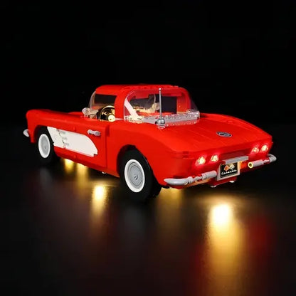 LEGO 10321 Chevrolet Corvette Vetrina Acrilica con Specchio con Anello Luminoso e Sfondo Stampato UV - Espositore Antipolvere