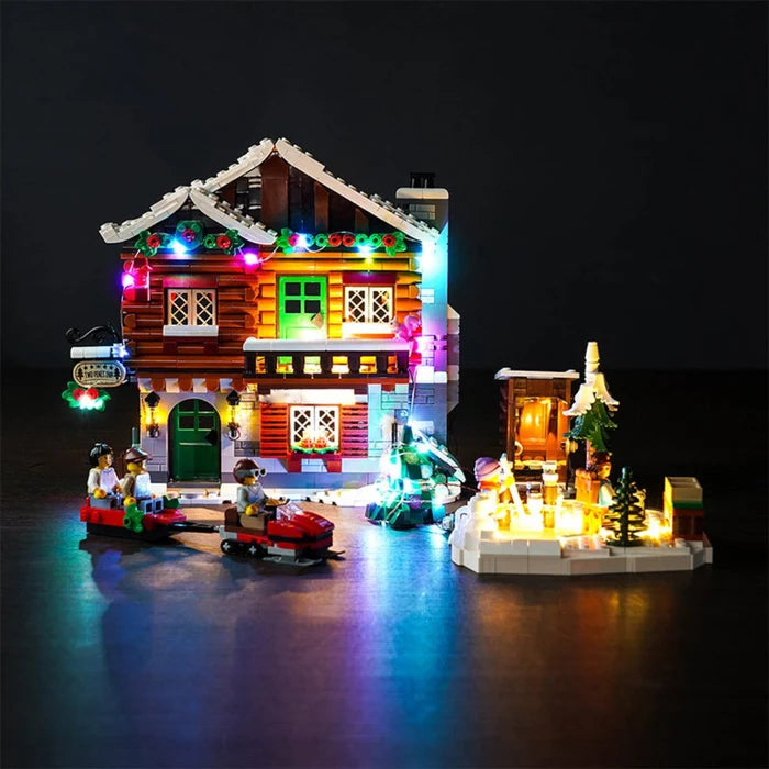 LEGO 10325 Alpine Lodge Mirror Acrylic Display Case with Ring Light & UV-Printed Background - Dustproof Showcase