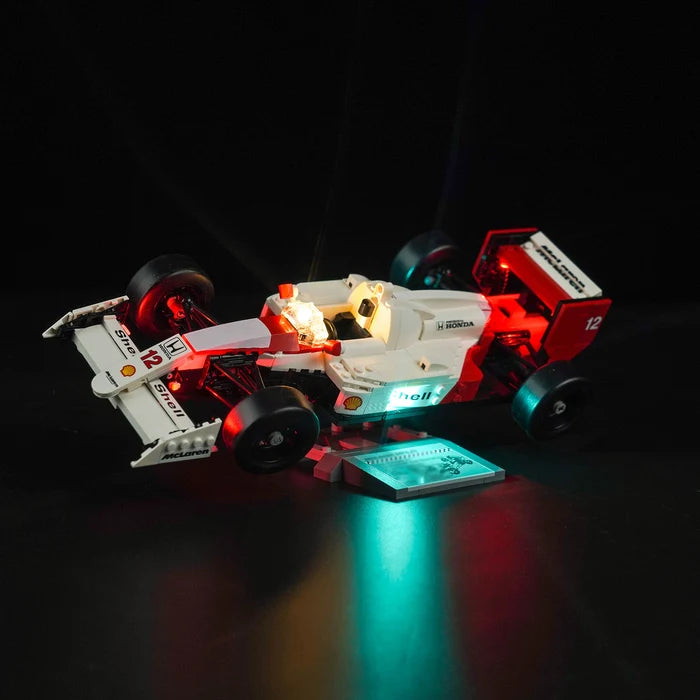 LEGO 10330 McLaren MP4/4 & Ayrton Senna Mirror Acrylic Display Case with Ring Light & UV-Printed Background - Dustproof Showcase