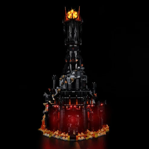 LEGO 10333 O Senhor dos Anéis: Barad-dûr Caixa de Exibição Acrílica com Espelho com Luz de Anel e Fundo Impresso em UV - Vitrine à Prova de Poeira