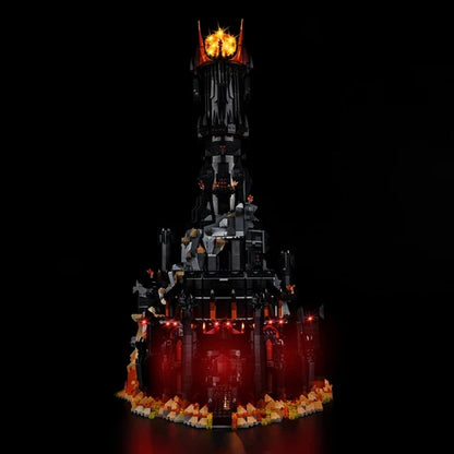 LEGO 10333 O Senhor dos Anéis: Barad-dûr Caixa de Exibição Acrílica com Espelho com Luz de Anel e Fundo Impresso em UV - Vitrine à Prova de Poeira