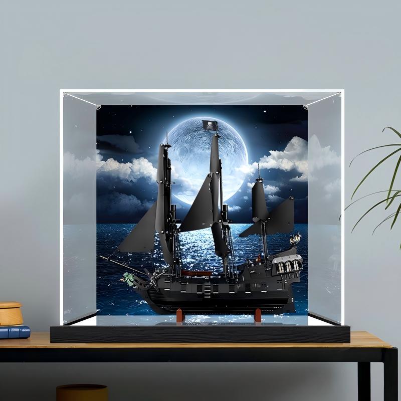 Professional Acrylic Display Case for LEGO 10365 Captain Jack Sparrow's Black Pearl, with Themed UV Printing Background & Dustproof Box
