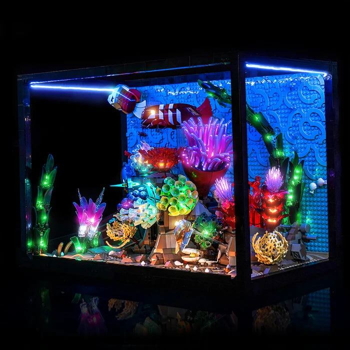 LEGO 10366 Tropisches Aquarium Spiegel Acryl Vitrine mit Ringlicht & UV-bedrucktem Hintergrund - Staubdichte Ausstellung