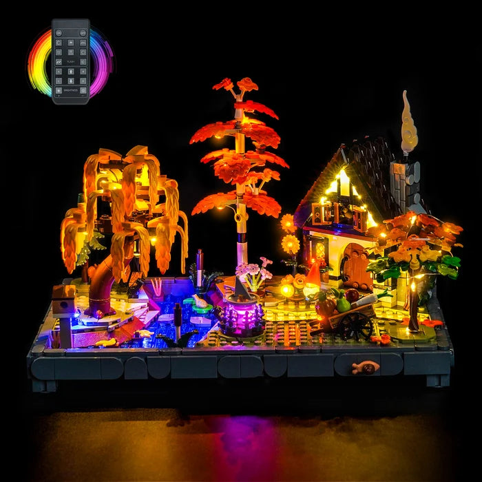 LEGO 11372 Autumn Cottage Garden Mirror Acrylic Display Case with Ring Light & UV-Printed Background - Dustproof Showcase