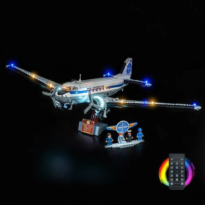 LEGO 11378 Douglas DC-3 PAN AM Airliner Mirror Acrylic Display Case with Ring Light & UV-Printed Background - Dustproof Showcase