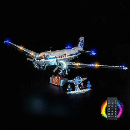 LEGO 11378 Douglas DC-3 PAN AM Airliner Mirror Acrylic Display Case with Ring Light & UV-Printed Background - Dustproof Showcase