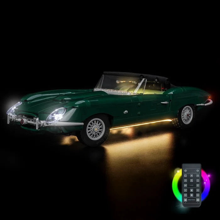 LEGO 11381 Jaguar E-Type Mirror Acrylic Display Case with Ring Light & UV-Printed Background - Dustproof Showcase
