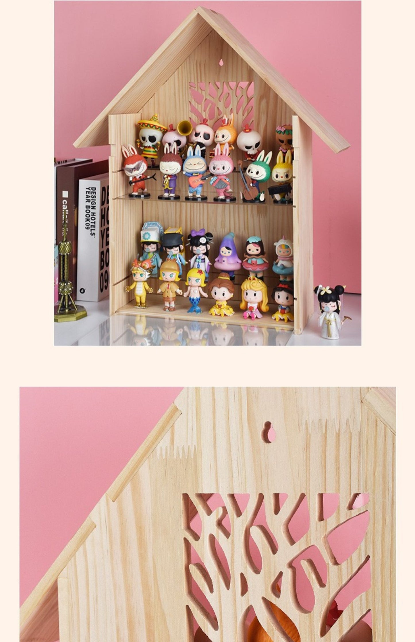Wooden Villa Doll House Display Case - Wall-Mounted & Desktop Showcase with 10mm Solid Wood - Clear Storage with Compartments for Pop Mart, Figures & Miniatures