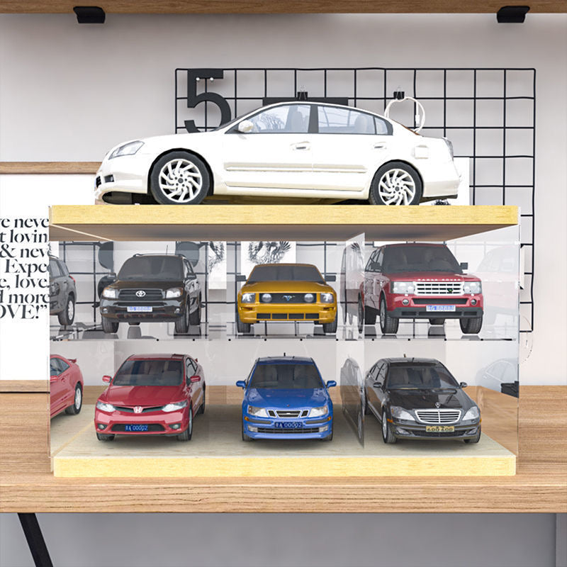 Sliding Door Acrylic Display Case, Wooden Base & Top Showcase, Dust-Proof Organizer for LEGO Speed Champions, Pop Mart Figures, and 1:64/1:32 Scale Cars