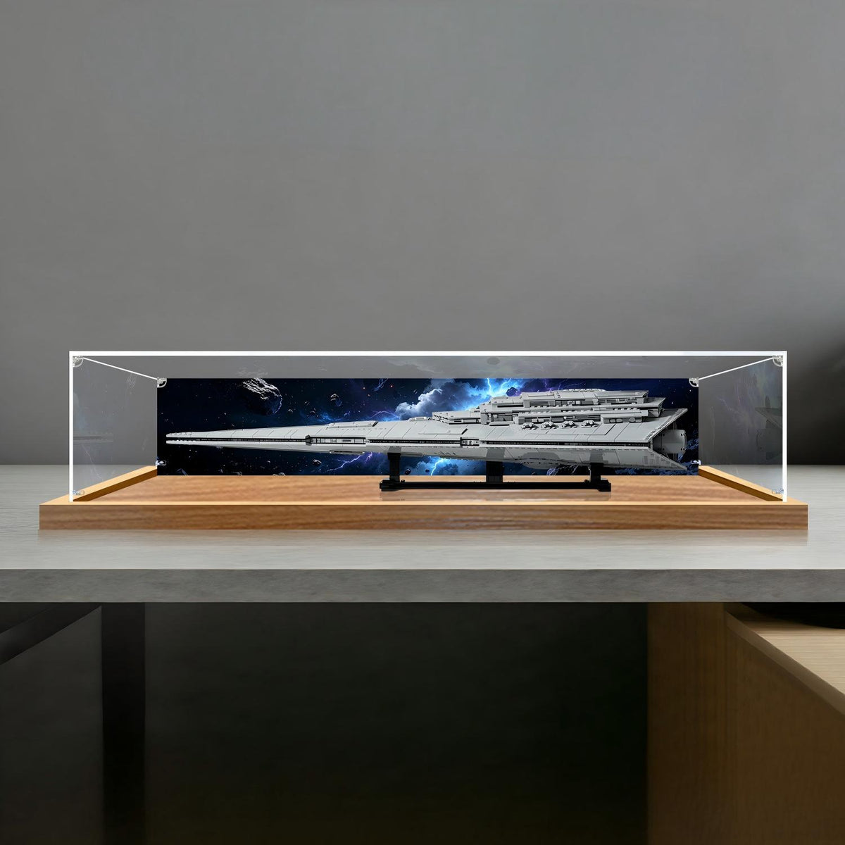 LEGO 75457 Executor Super Star Destroyer Mirror Display Case with Wood Grain Base and UV-Printed Themed Background